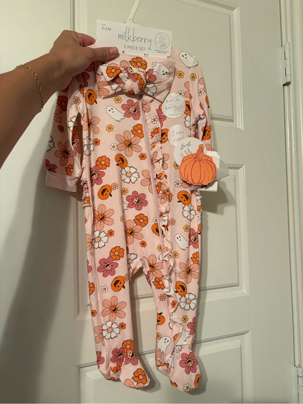 Milkberry Pink Floral & Pumpkin Baby Footed One-Piece with Headband